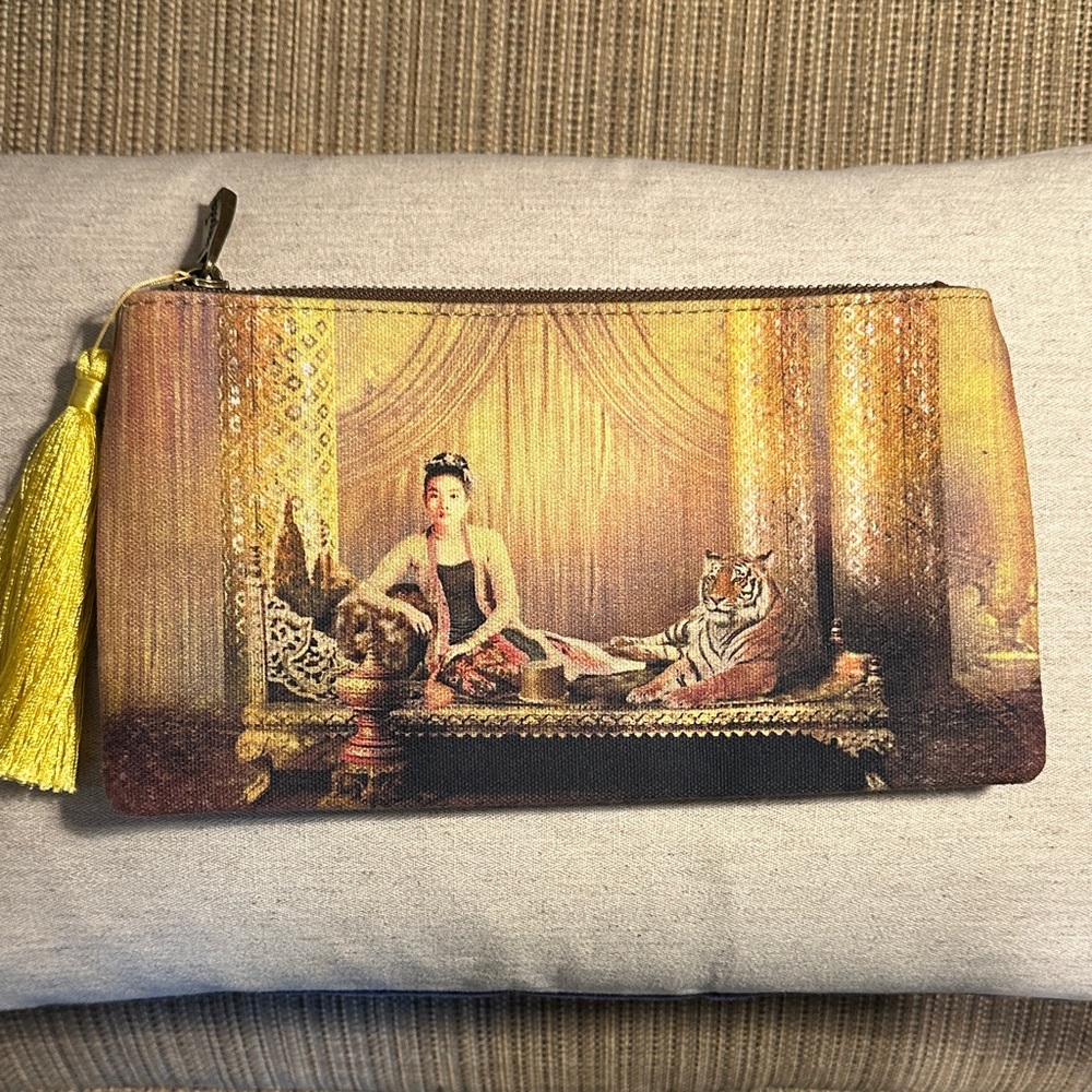 NWOT- Yangoods Exotic Clutch/Pouch With Asian Lady & Tiger and Yellow Tassel